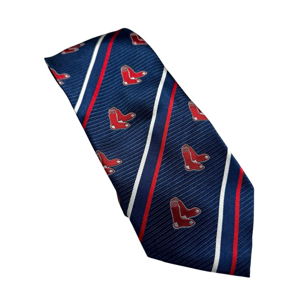 MLB Red Socks 100% Silk Blue White Stripe Tie Boston Baseball Major League MA